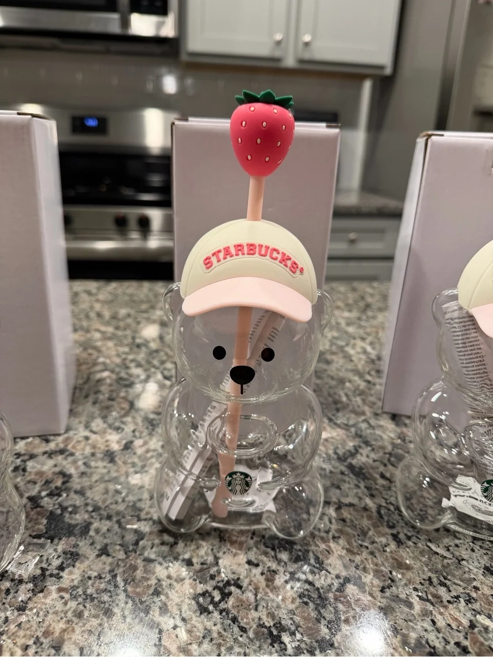 Starbucks Clear Bear Bottle with Pink Strawberry Cap and Cream Hat
